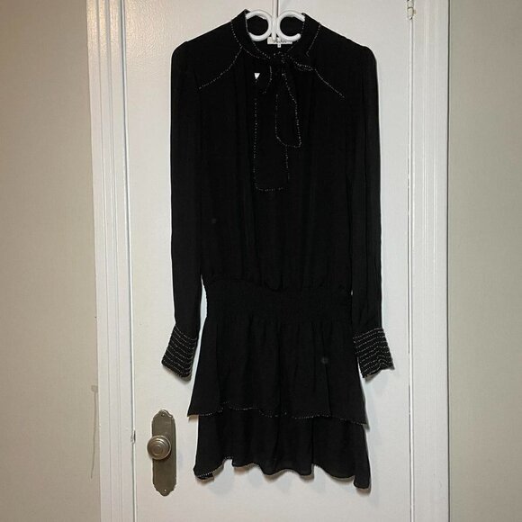 Parker Tie Neck Beaded Long Sleeve Ruffle Silk Dress size S - Picture 2 of 7